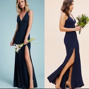 NWOT Dress the Population Iris Slit Crepe navy Gown sz XS